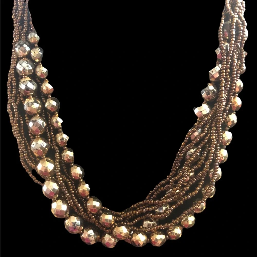 Disco Gold Bronze‎ Layered Beaded Accent Necklace 19 in